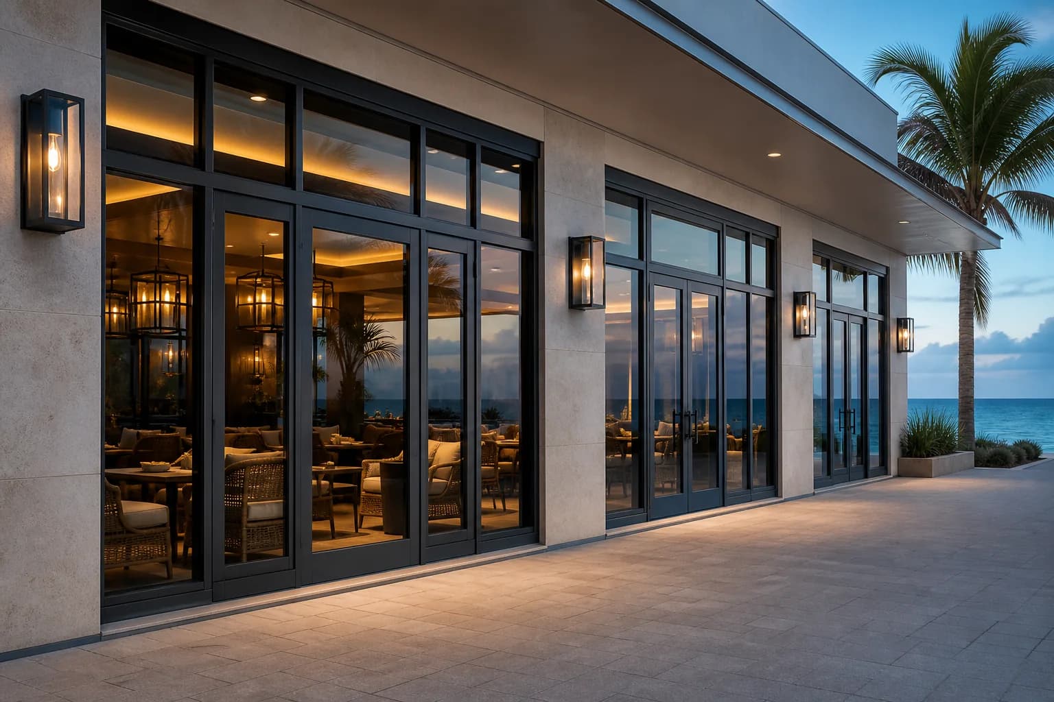 Impact-rated coastal commercial storefront with glazed doors