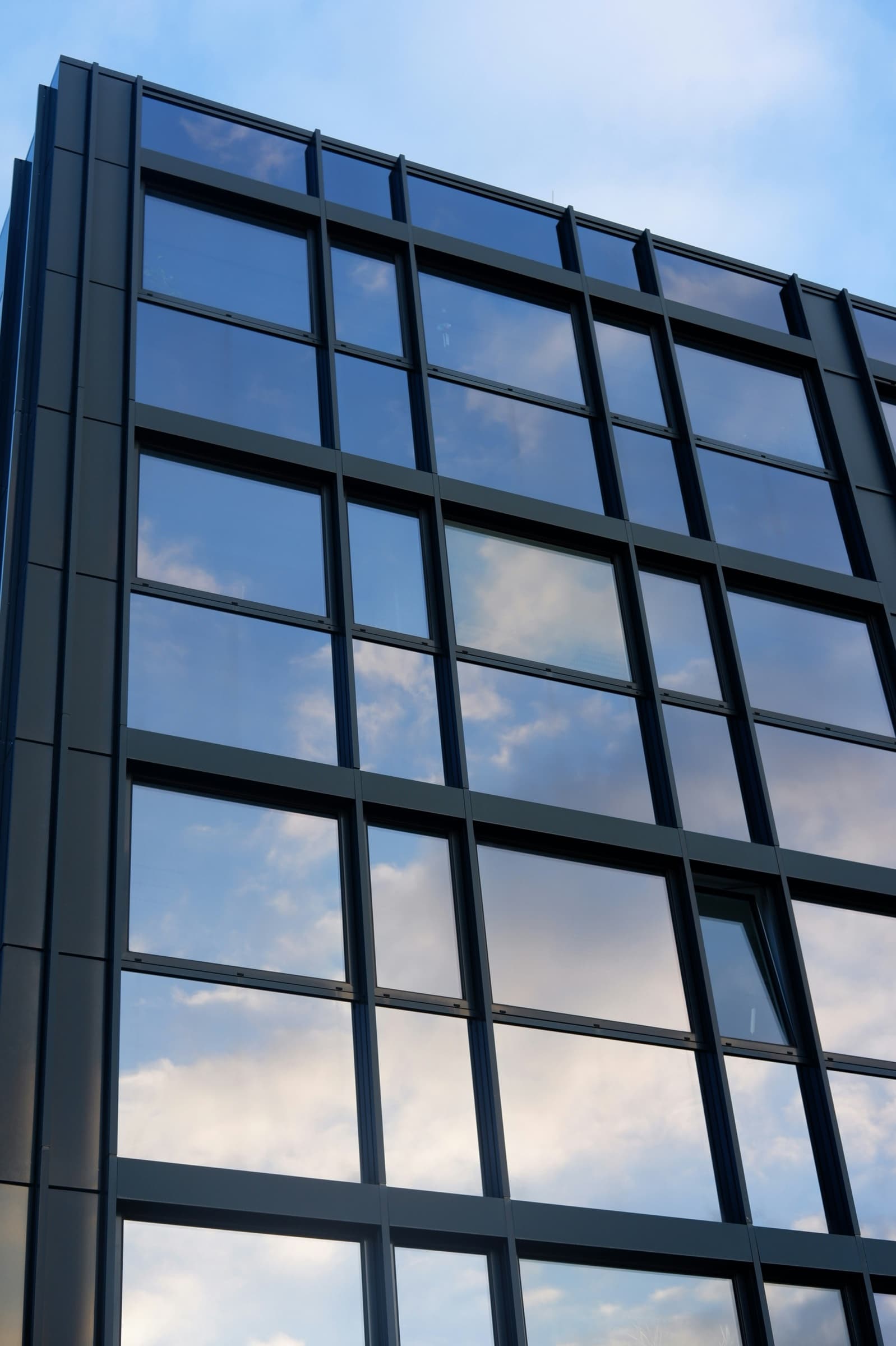 Modern commercial facade with large dark-framed windows