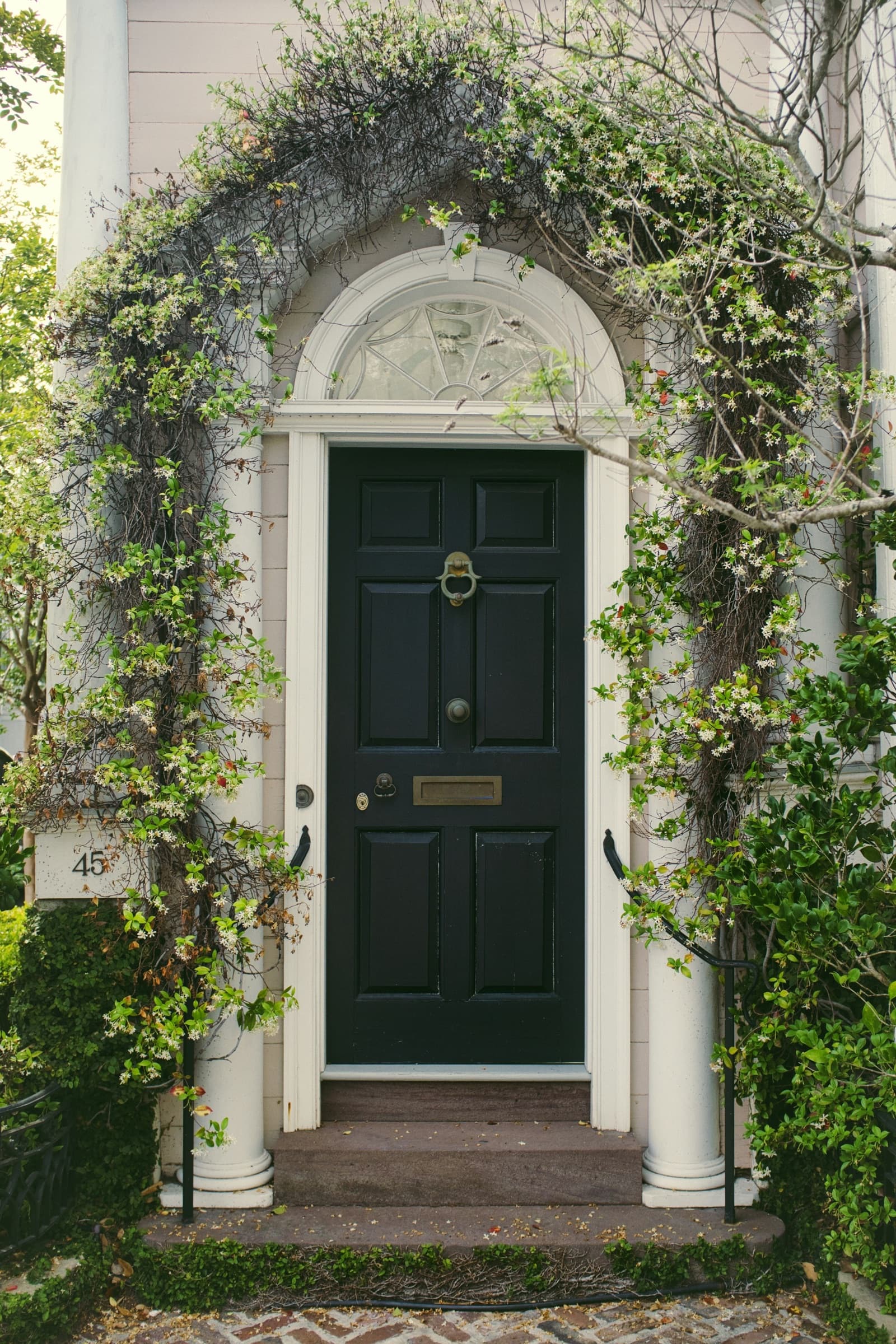 A residential front door framed by flowering vines