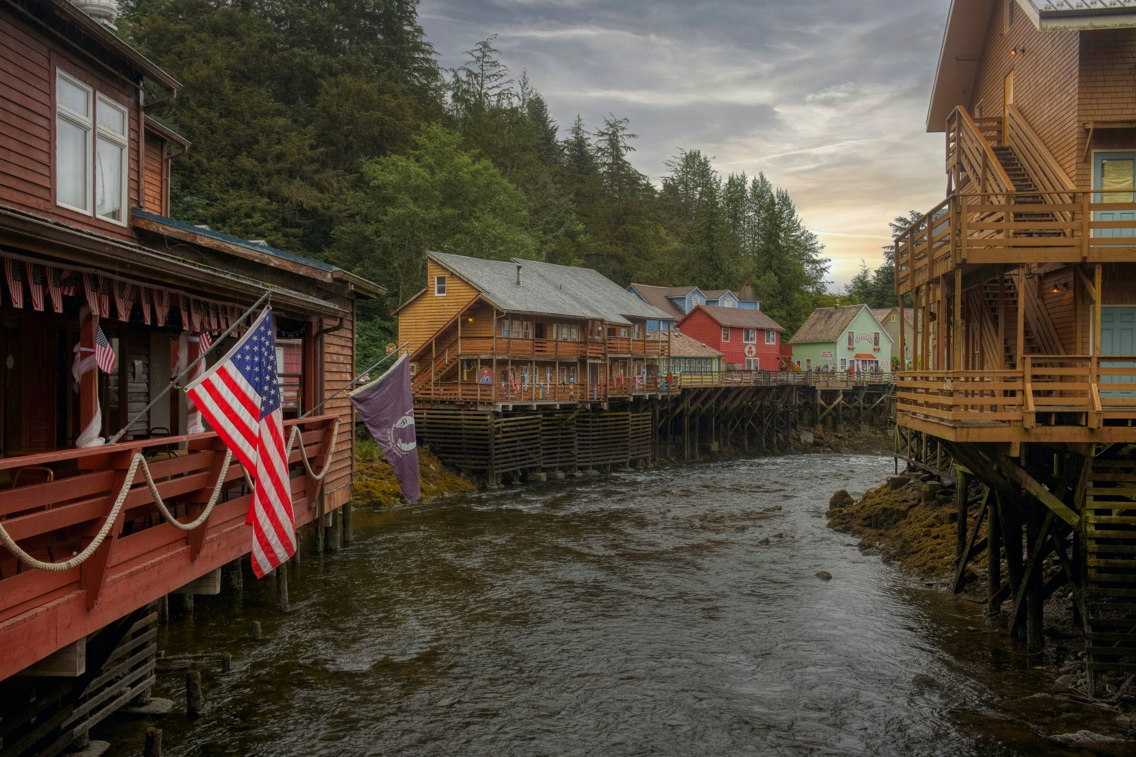 Waterfront buildings surrounding a sheltered coastal channel