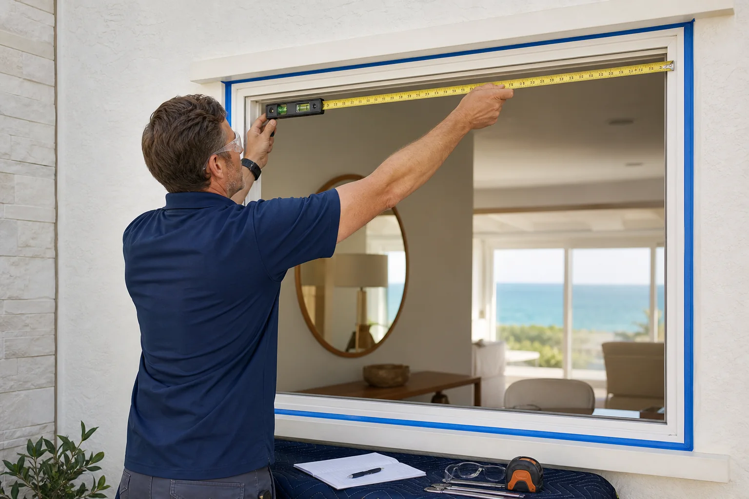 Professional measuring an opening for a custom impact window