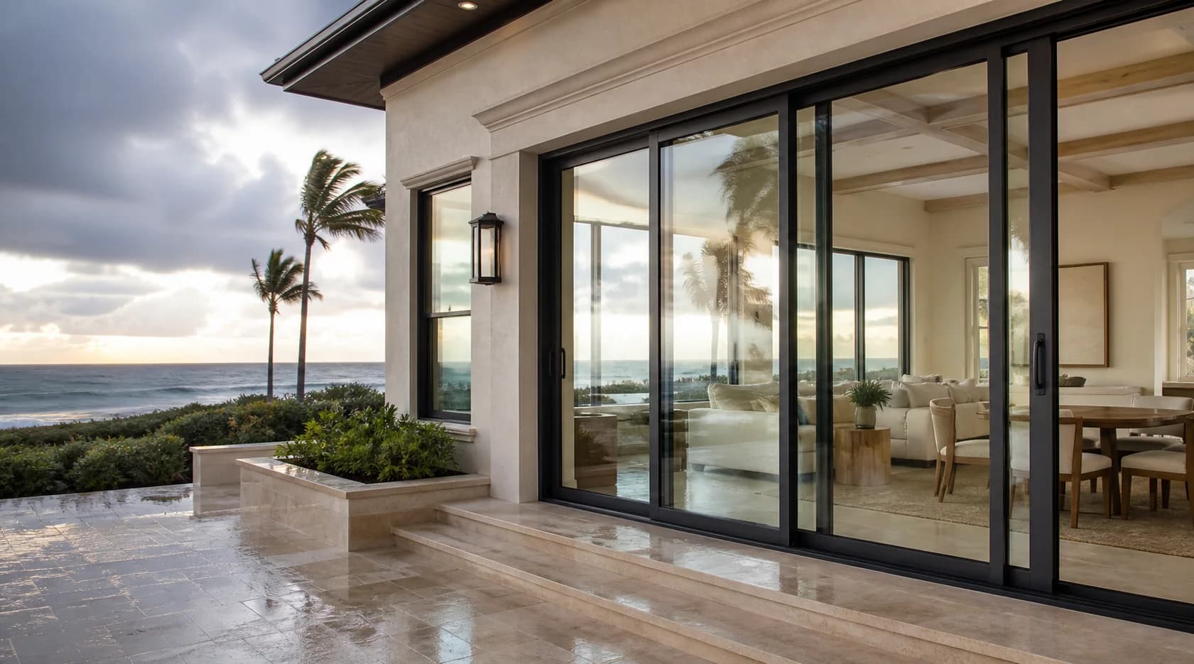 Modern coastal home with large black-framed impact windows and sliding glass doors